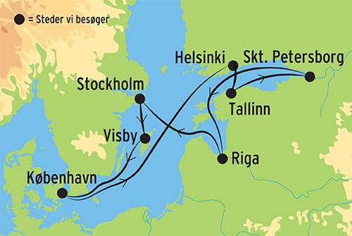 Kort over krydstogtrejsen fra København til Østersøen